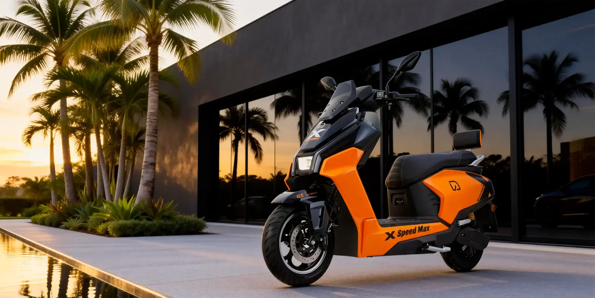 High-resolution image of an orange and black 电动滑板车 parked outside a contemporary building with large glass windows and palm trees at sunset, highlighting sleek design and eco-frien…（配图说明）