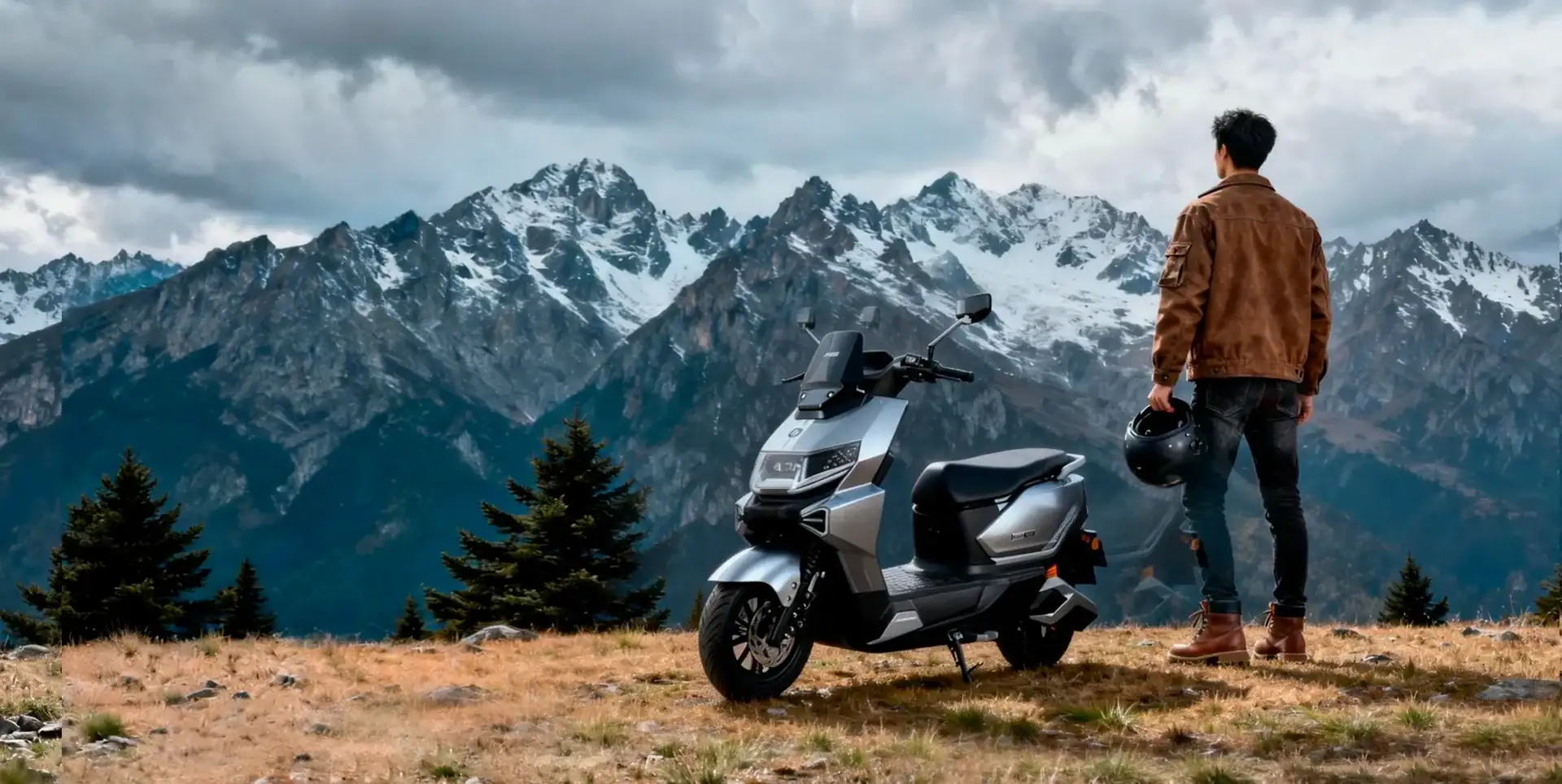 Mountain landscape with scooter and rider in nature, showcasing outdoor adventure and travel. The scene features a person holding a helmet, standing next to a modern scooter agains…（配图说明）