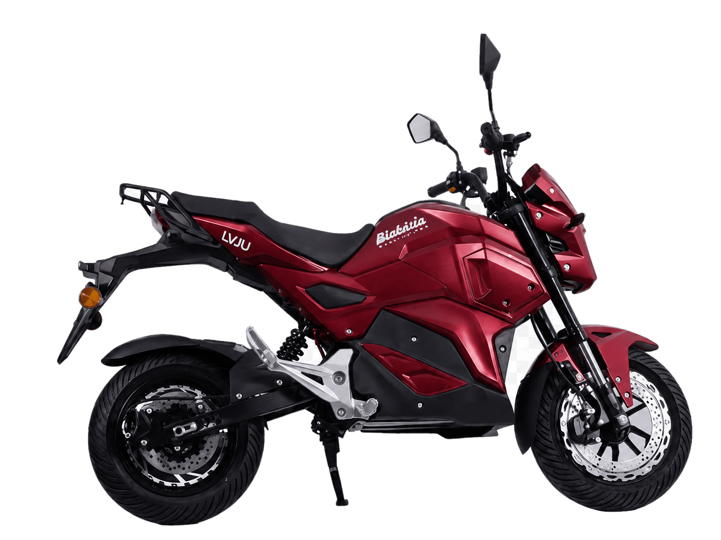 Red electric motorcycle with black accents, designed for city commuting, featuring a sleek modern look and digital display, suitable for eco-friendly transportation.