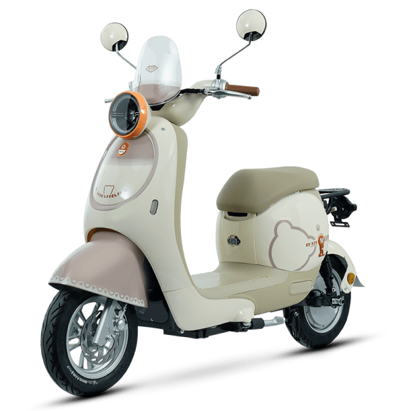 Modern beige electric scooter with a bear logo, ideal for eco-friendly urban commuting and bike-sharing apps. Features a comfortable seat, mirrors, and a compact design.