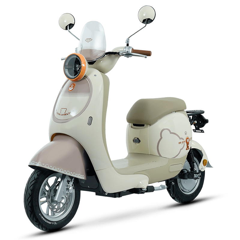 Modern beige electric scooter with a bear logo, ideal for eco-friendly urban commuting and bike-sharing apps. Features a comfortable seat, mirrors, and a compact design.