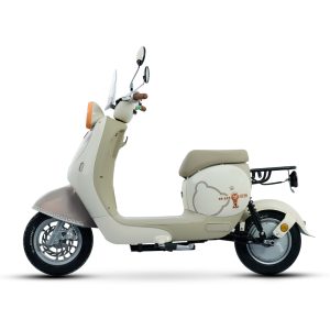 An elegant cream-colored scooter featuring a cloud motif on the side, equipped with a comfortable seat, rear rack, and modern handlebars, ideal for urban commuting and stylish transportation.