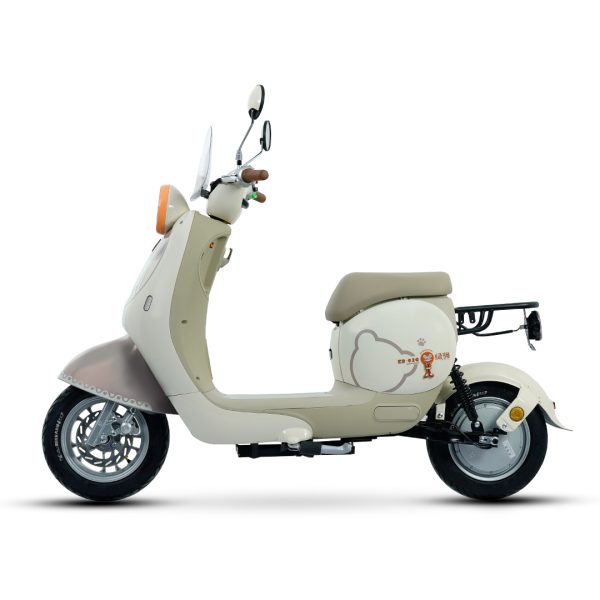 An elegant cream-colored scooter featuring a cloud motif on the side, equipped with a comfortable seat, rear rack, and modern handlebars, ideal for urban commuting and stylish transportation.