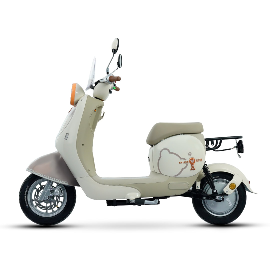 An elegant cream-colored scooter featuring a cloud motif on the side, equipped with a comfortable seat, rear rack, and modern handlebars, ideal for urban commuting and stylish transportation.