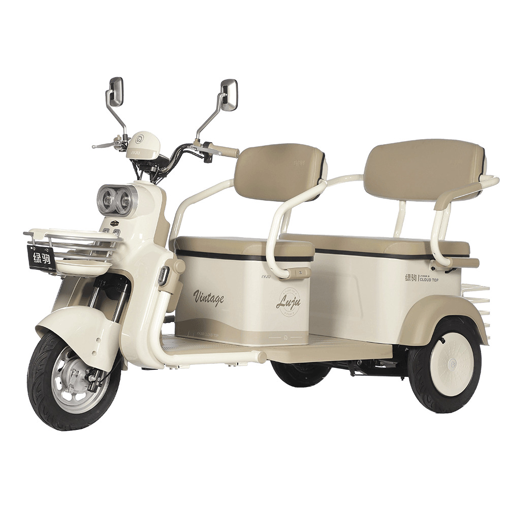 Electric vintage tricycle with passenger seats, perfect for eco-friendly transportation, leisure rides, and urban mobility solutions. Features a retro design, comfortable seating, and efficient electr.