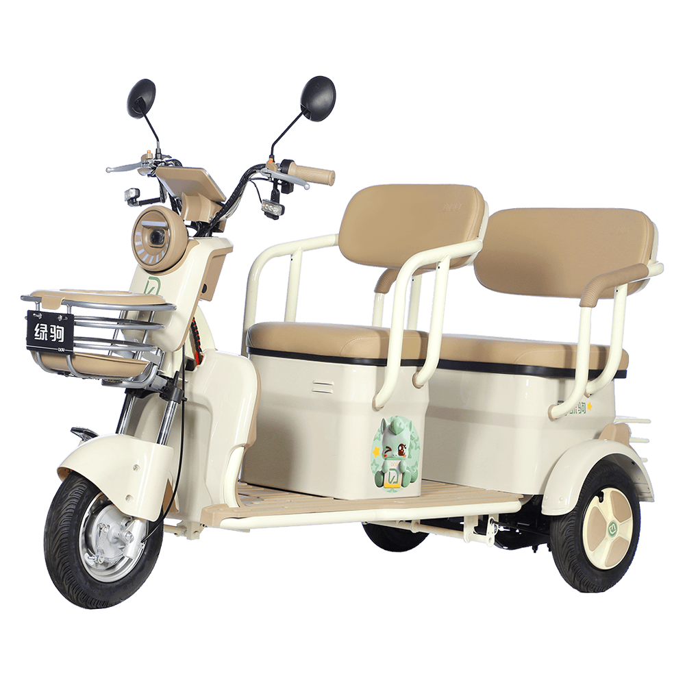 Electric tricycle with two passenger seats, designed for urban mobility and eco-friendly travel. Features a sturdy frame, comfortable seating, and practical handlebars, ideal for short-distance commut.
