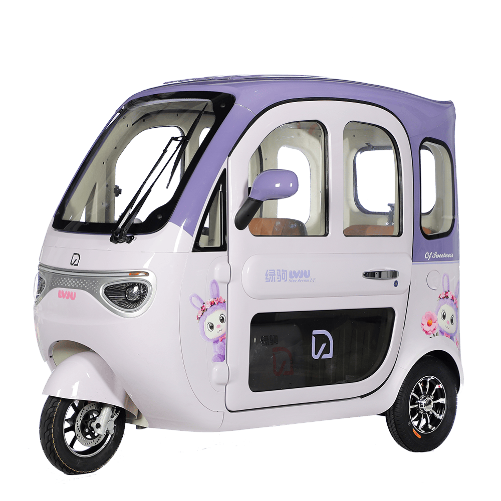 Modern electric tricycle designed for city commuting, featuring a compact, eco-friendly build with adorable character graphics, ideal for short-distance travel and delivery services.