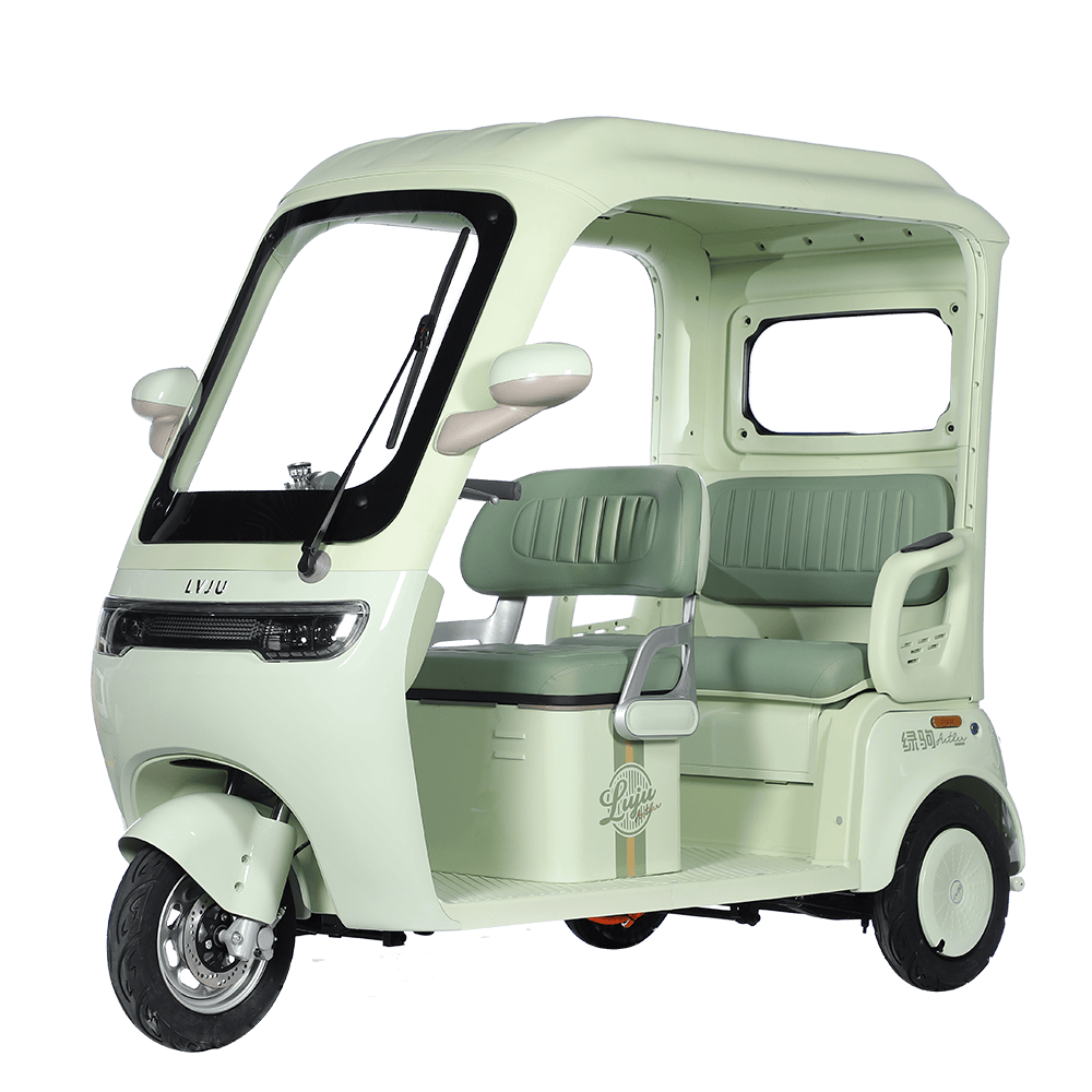 Electric three-wheeled rickshaw with comfortable seating and modern design, ideal for eco-friendly urban transportation and short-distance travel.