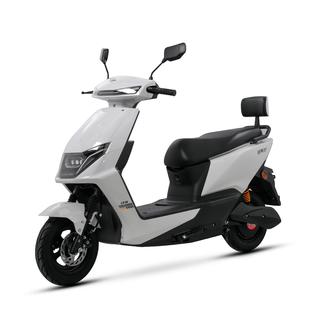 An eco-friendly electric scooter designed for city travel, featuring a sleek white and black body, comfortable seat, and modern handlebars, ideal for eco-conscious commuters.