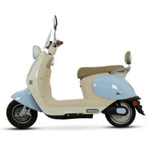 A stylish, vintage-inspired electric scooter designed for eco-friendly city travel, featuring a comfortable seat, modern controls, and a sleek appearance.
