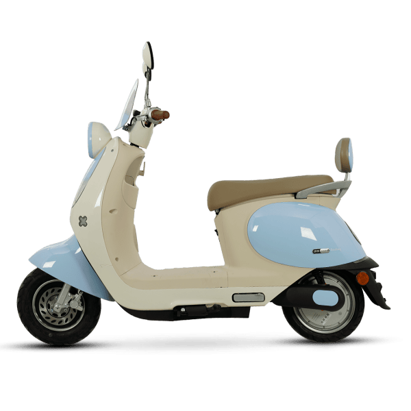 A stylish, vintage-inspired electric scooter designed for eco-friendly city travel, featuring a comfortable seat, modern controls, and a sleek appearance.