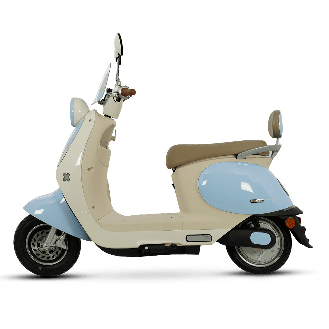 A stylish, vintage-inspired electric scooter designed for eco-friendly city travel, featuring a comfortable seat, modern controls, and a sleek appearance.