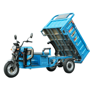 Electric cargo tricycle with tilting cargo bed, ideal for urban deliveries and eco-friendly transportation solutions.