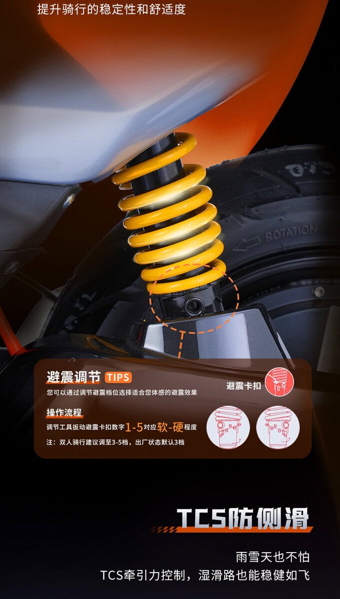 Close-up of motorcycle rear suspension with yellow shock absorber, highlighting stability and comfort features for smooth riding.