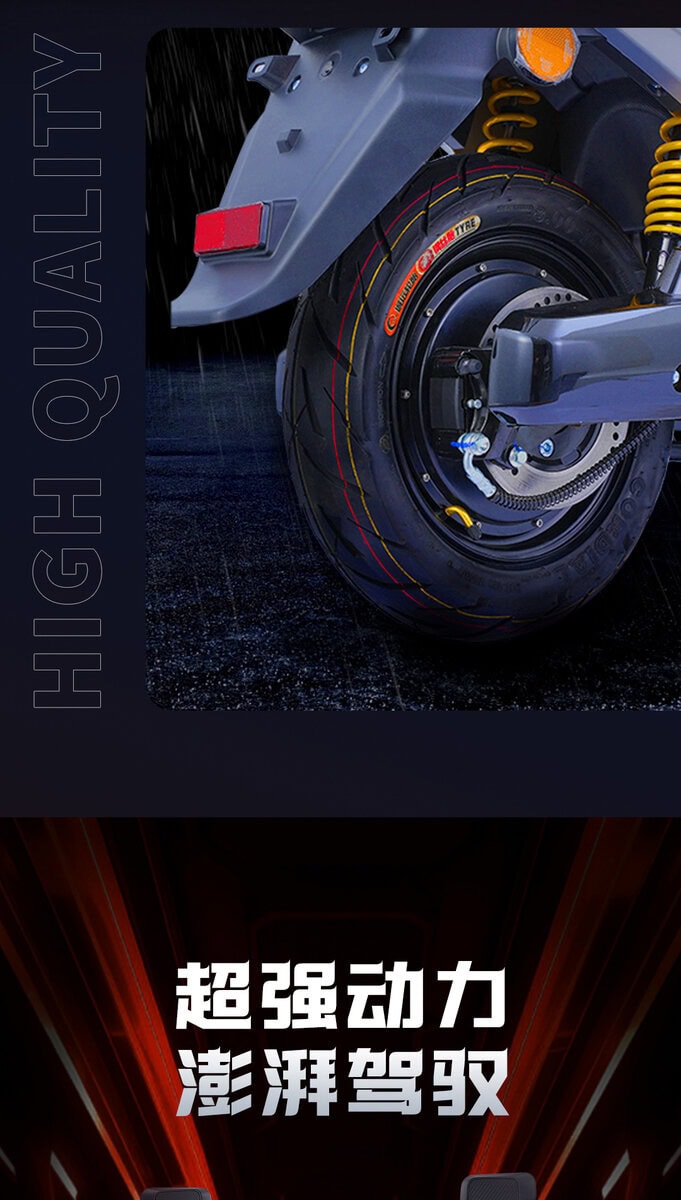 Close-up of a high-performance electric scooter wheel with advanced suspension and tire details, emphasizing durability and speed for urban commuting.
