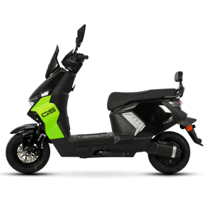 Electric scooter designed for city travel, featuring a sleek black body with bright green accents, comfortable seat, and modern design, ideal for eco-friendly transportation.