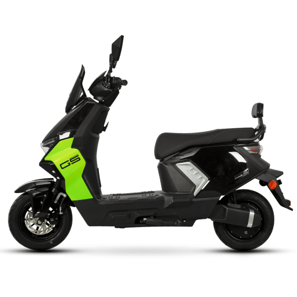 Electric scooter designed for city travel, featuring a sleek black body with bright green accents, comfortable seat, and modern design, ideal for eco-friendly transportation.