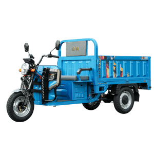 Three-wheeled cargo motorcycle with blue body, designed for efficient goods transport and urban deliveries.