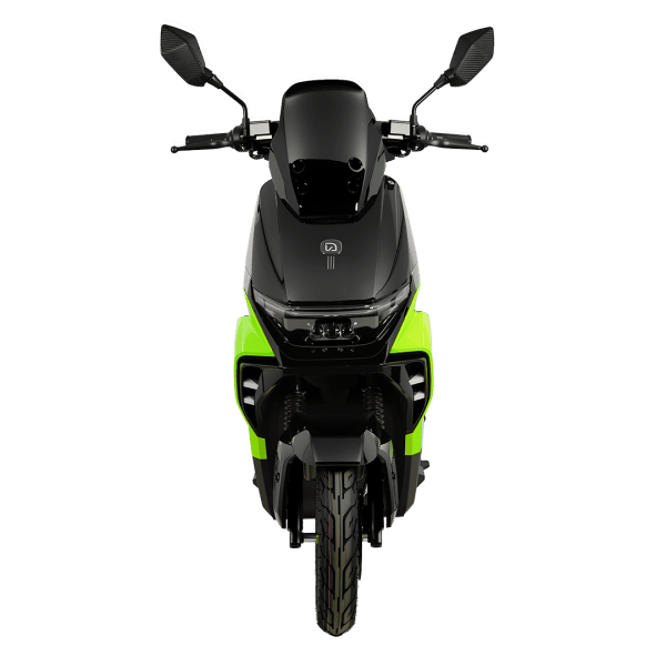 An image of a modern electric scooter featuring a sleek black design with vibrant green accents, designed for eco-friendly urban transportation. The scooter includes a digital display, rearview mirror.
