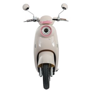 Modern pink and white scooter with round mirrors and front camera, ideal for urban commuting and eco-friendly transportation.