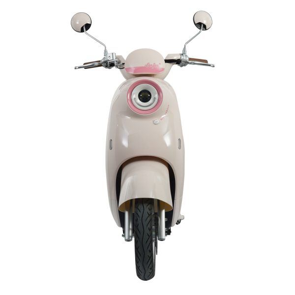 Modern pink and white scooter with round mirrors and front camera, ideal for urban commuting and eco-friendly transportation.