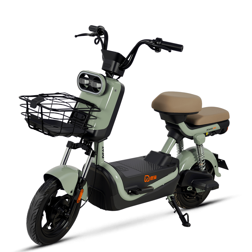Electric bike with front basket, designed for city commuting and eco-friendly transportation. Features a comfortable seat, durable frame, and easy-to-use controls, ideal for short-distance travel.