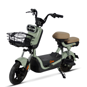 Electric bike with front basket, designed for city commuting and eco-friendly transportation. Features a comfortable seat, durable frame, and easy-to-use controls, ideal for short-distance travel.