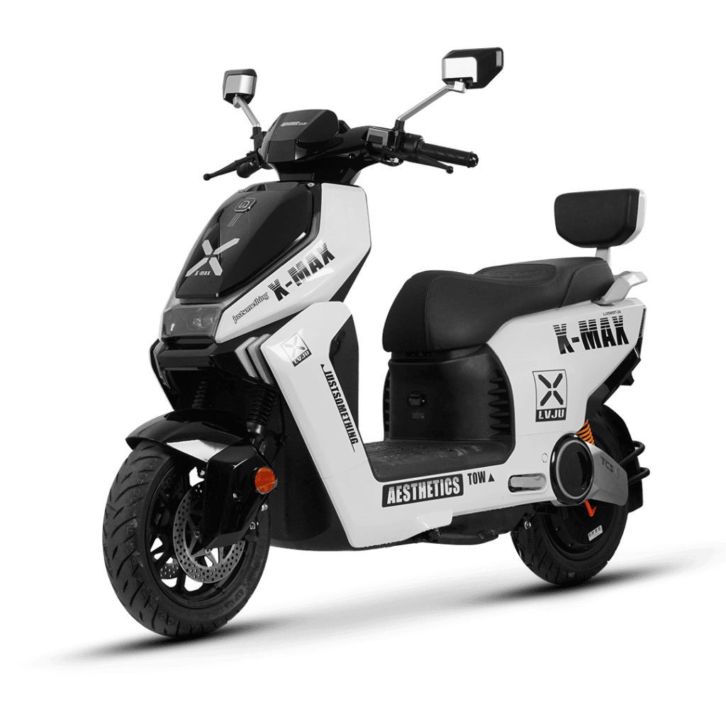 Modern X-MAX electric scooter with sleek black and white design, featuring comfortable seating, digital display, and advanced features for urban commuting.