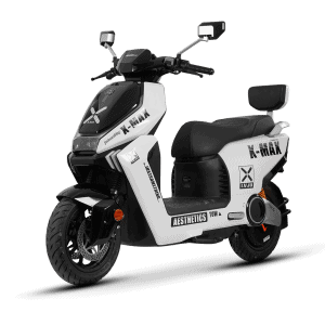 Modern X-MAX electric scooter with sleek black and white design, featuring comfortable seating, digital display, and advanced features for urban commuting.