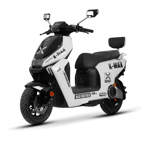 Modern X-MAX electric scooter with sleek black and white design, featuring comfortable seating, digital display, and advanced features for urban commuting.