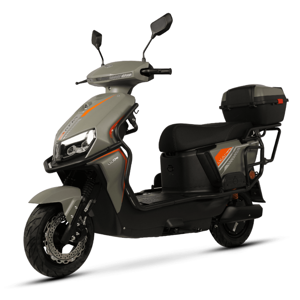 An electric scooter designed for efficient urban transportation, featuring a spacious storage box for deliveries or personal belongings, ideal for eco-friendly commuting.