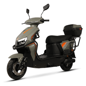 An electric scooter designed for efficient urban transportation, featuring a spacious storage box for deliveries or personal belongings, ideal for eco-friendly commuting.
