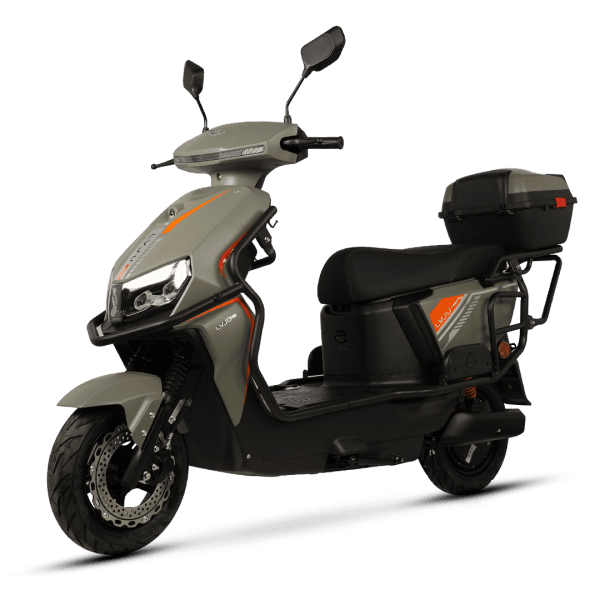 An electric scooter designed for efficient urban transportation, featuring a spacious storage box for deliveries or personal belongings, ideal for eco-friendly commuting.