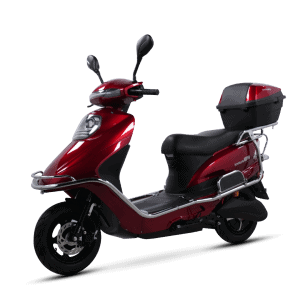 Electric scooter with a sleek red design, equipped with a top storage box for convenient city commuting and short trips. Perfect for eco-friendly transportation and daily errands.