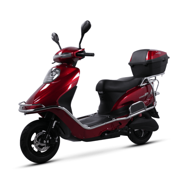 Electric scooter with a sleek red design, equipped with a top storage box for convenient city commuting and short trips. Perfect for eco-friendly transportation and daily errands.