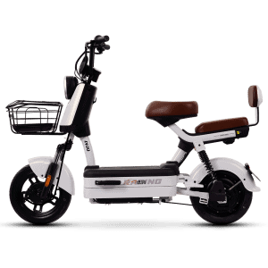 Electric scooter for city travel with basket and comfortable brown seat, perfect for eco-conscious commuting and short-distance travel.