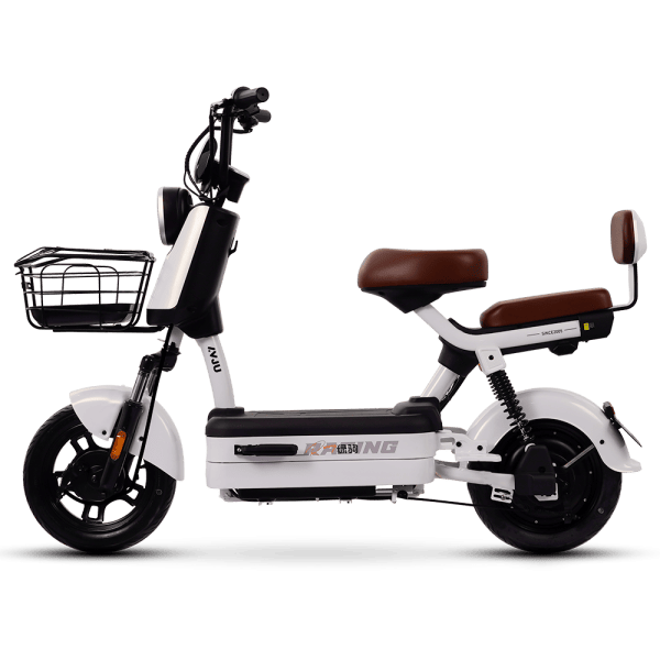 Electric scooter for city travel with basket and comfortable brown seat, perfect for eco-conscious commuting and short-distance travel.