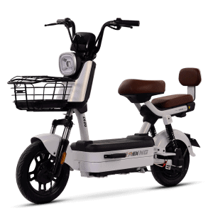 An electric bicycle featuring a front basket, ergonomic seat, and modern design, ideal for city travel and eco-friendly transportation solutions.
