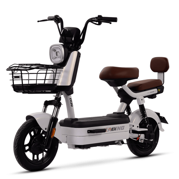An electric bicycle featuring a front basket, ergonomic seat, and modern design, ideal for city travel and eco-friendly transportation solutions.