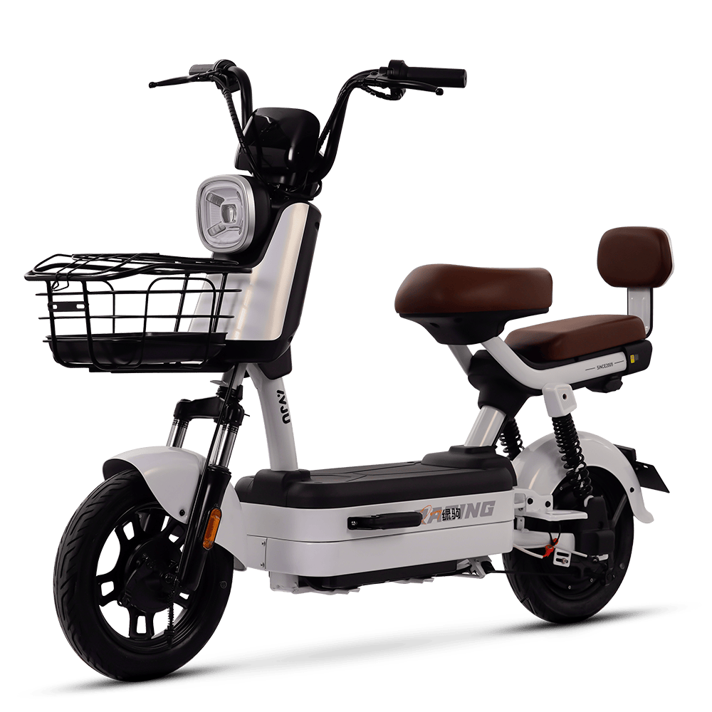 An electric bicycle featuring a front basket, ergonomic seat, and modern design, ideal for city travel and eco-friendly transportation solutions.