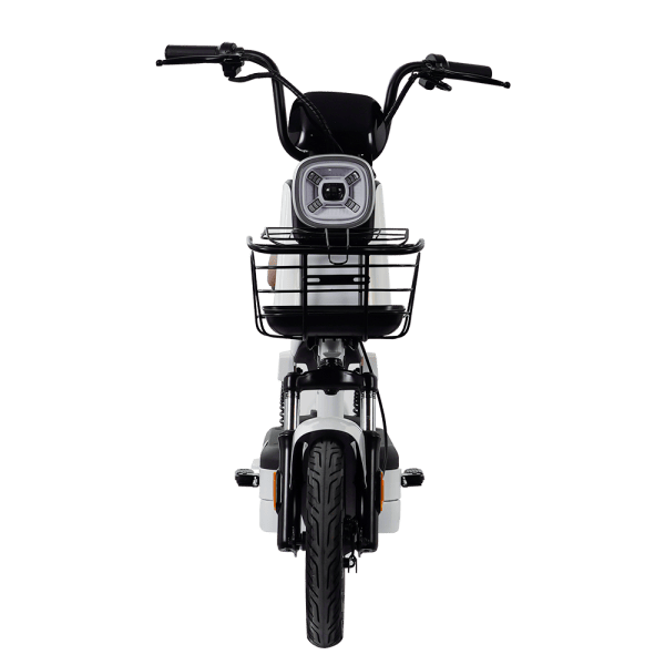 Electric bicycle with front basket, ideal for city commuting and eco-friendly transportation. Features a sleek design, comfortable handlebars, and durable tires suitable for various terrains. Perfect.