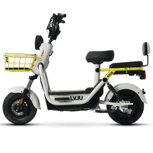 Electric scooter for city travel, featuring a yellow front basket, comfortable black seat, and durable design for efficient, eco-conscious mobility.