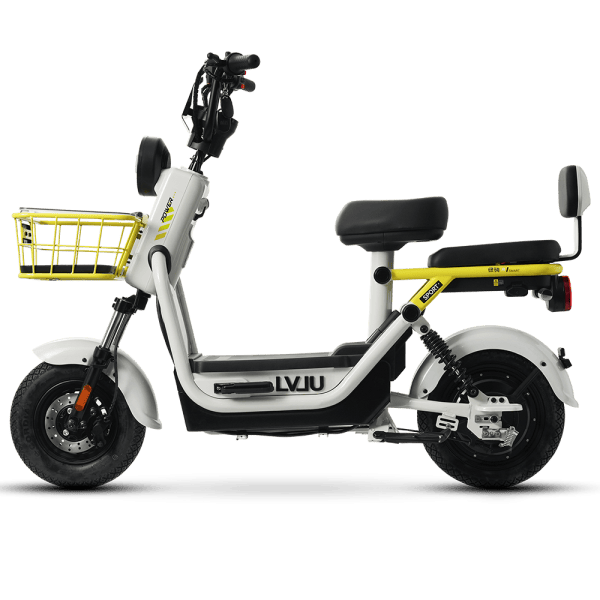 Electric scooter for city travel, featuring a yellow front basket, comfortable black seat, and durable design for efficient, eco-conscious mobility.
