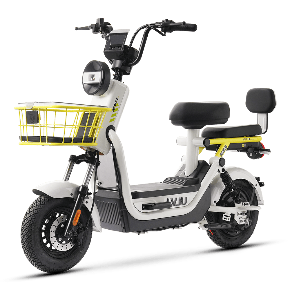 Electric bike with front basket, ideal for city commuting and short trips. Features a compact design, comfortable seat, and durable tires for smooth riding on various terrains. Perfect for eco-friendl.