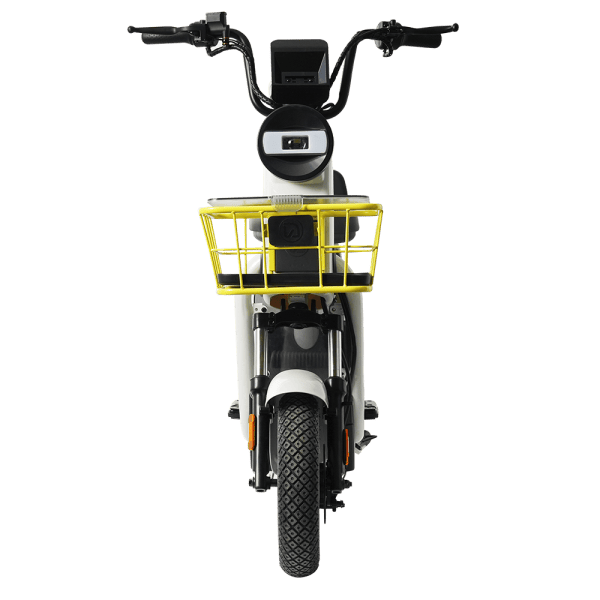An electric bicycle featuring a front yellow basket, designed for city commuting and eco-friendly transportation. The bike has a sleek black handlebar, digital display, and sturdy frame suitable for d.