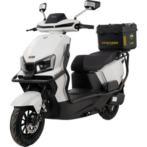 Modern white electric scooter with black accents, equipped with a storage box on the rear, ideal for city commuting and eco-friendly transportation solutions.
