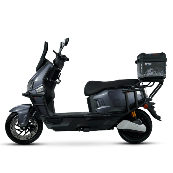 Electric scooter designed for city travel with a large rear storage box for convenience.