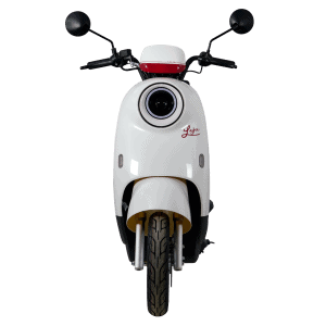 Scooter with a front camera lens, designed for city commuting, featuring a sleek white body and black handlebars. Ideal for eco-friendly transportation solutions, combining style and functionality.