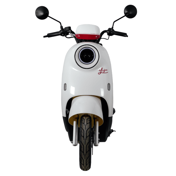 Scooter with a front camera lens, designed for city commuting, featuring a sleek white body and black handlebars. Ideal for eco-friendly transportation solutions, combining style and functionality.