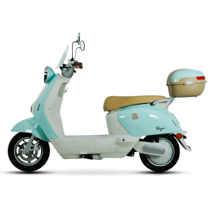 Electric scooter with storage box, ideal for city travel and eco-friendly transportation. Features a sleek design, comfortable seat, and practical storage for daily errands.